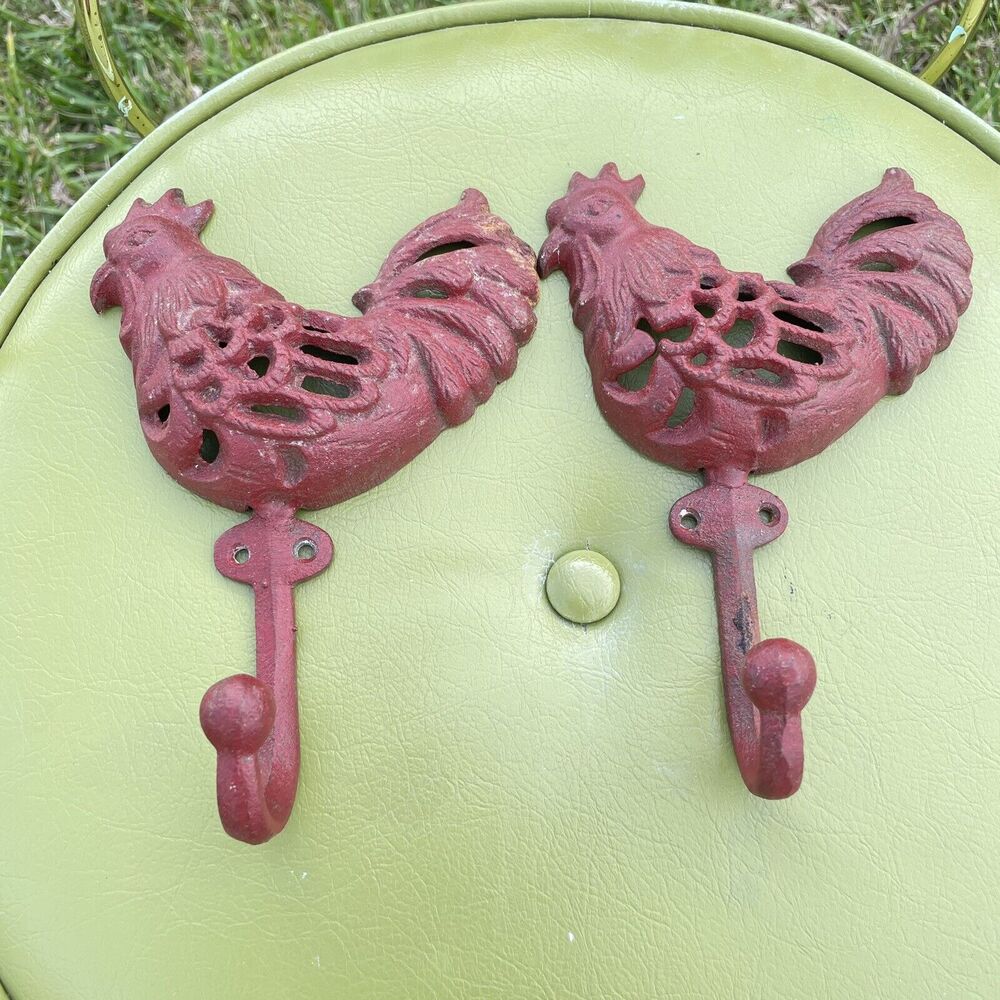 Pair Of 2 Rooster Vintage Look Wall Hooks Antiqued Dark Red Cast Iron - HN